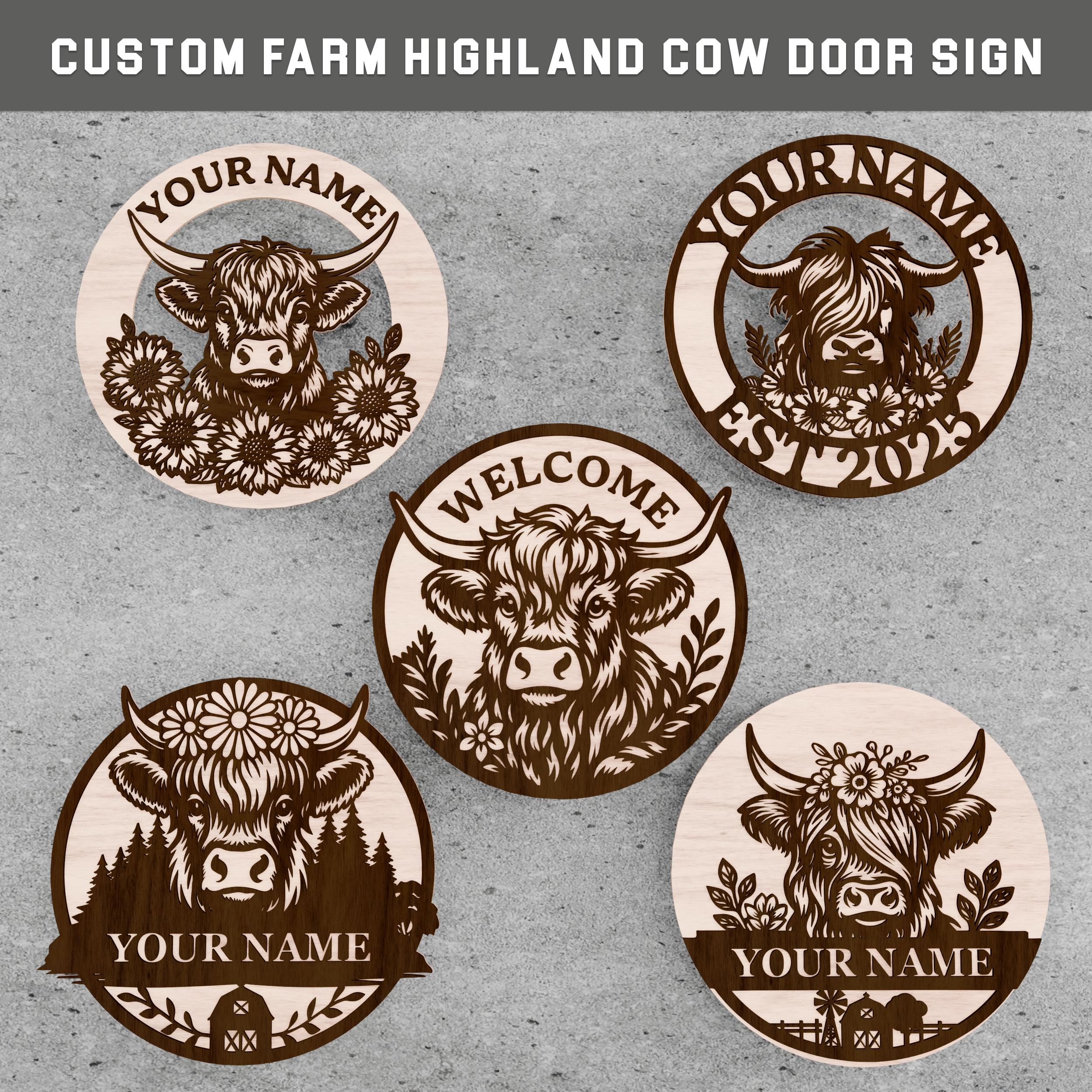 Personalized Highland Cow Door Sign SVG: Farmhouse Laser Cut File (Digital Download