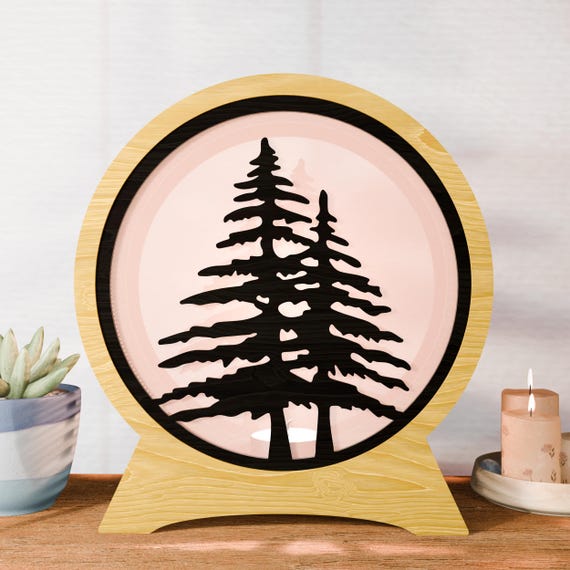 Pine Tree Lightbox SVG, Forest Night Light Laser Cut File, Nature Shadow Box, Camping Decor, 3D Wood Lamp Vector, Living Hinge Plan
