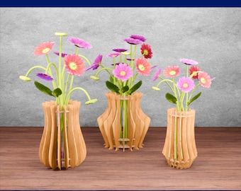 3er Set Vase Laser Cut Muster für DIY Wohndekor Projekt, Sperrholz Blumenvase svg Datei, Vase Glowforge Design, Laser Cut Vase Bundle