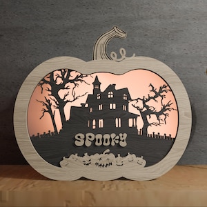 Spooky Haunted House Pumpkin Lightbox SVG – Halloween 3D Layered Shadow Box Template for Laser Cutting