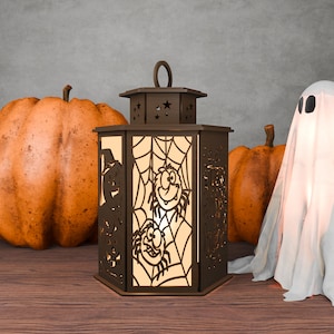 Halloween sjabloon kaarshouder lasergesneden lamp multiplex theelichtje lantaarn votief cadeau houten tafel digitale download SVG