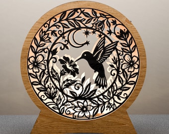 Hummingbird Wood Lamp SVG, Laser Cut Floral Shadow Box (Digital Download)