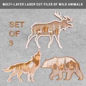 Set of 3 - Wild Animal Layered SVG Bundle – Bear, Moose & Wolf Forest Scene Laser Cut Files