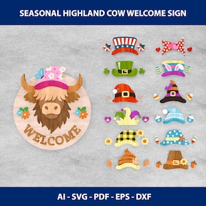 Highland Kuh Willkommensschild SVG: Austauschbare Hüte, Türschild für Bauernhaus (Digitale Datei)