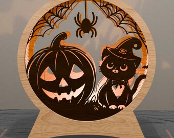 Halloween Cat & Pumpkin Lamp – Laser Cut Light (Digital Download)