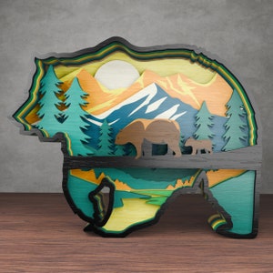 Animal SVG, svg ours, fichiers découpés au laser - oeuvre d'art 11 couches pour Glowforge - multicouche