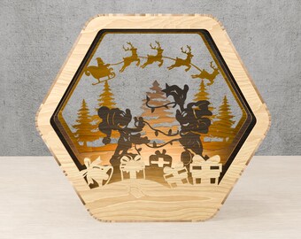 Laser Cut Wooden Christmas Lamp: Santa Sleigh, Reindeer & Family Scene