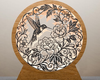 Hummingbird and Peony Wood Lamp | Floral Laser Cut Lantern (3mm Wood Pattern)
