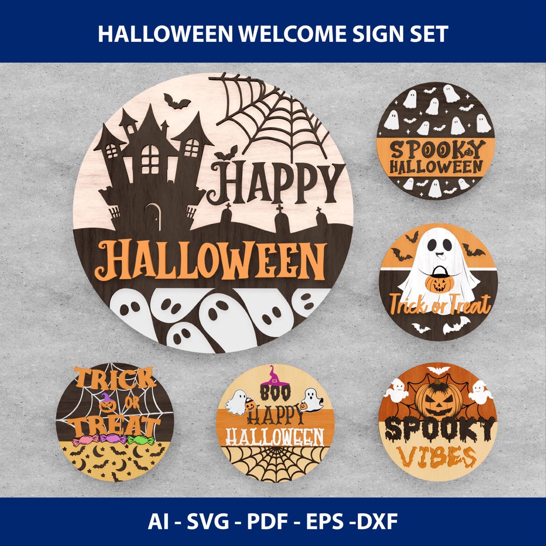Ghost Halloween Welcome Sign Bundle, Spooky Door Hanger Digital Files ...
