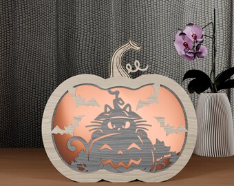 Laser Cut Halloween Lantern: Pumpkin Cat 3D Light Box (Digital Download