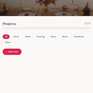 Könnte beinhalten: Eine App-Oberfläche für Hochzeitsplaner mit dem Titel "Wedding Planner" und dem Slogan "Ihre Checkliste für den perfekten Tag". Die Oberfläche enthält Fortschrittsanzeigen und Aufgabenkategorien wie Veranstaltungsort, Kleidung und Dekoration.