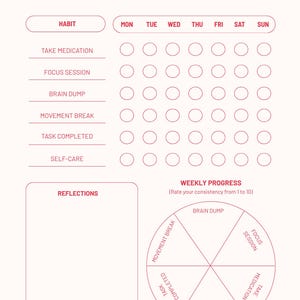 May include: A pink ADHD habit tracker with the title "ADHD Habit Tracker" in red. The tracker includes sections for daily habits, a reflections area, and a weekly progress chart. Habits include taking medication and focus sessions.