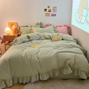 Sage Green Ruffled Cotton Duvet Cover Set: Queen/King Bedding