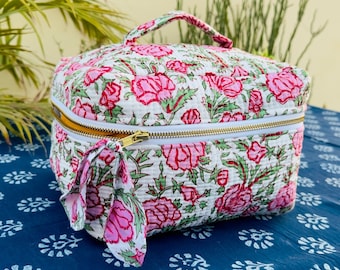 Borsa per cosmetici da donna Borsa per cosmetici trapuntata da viaggio - Borsa per trucchi con stampa a blocchi - Grande organizer per trucchi Regalo di San Valentino per lei