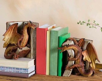 Cerolopy Creative Fighting Dragon Bookends Resin Bookends Statues Desktop Ornament for Home Bookcase Office Bookshelf Cute Dragon Book Shelf Holder 