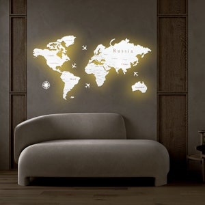 Led World Map - Wooden Map Led - Home Design - Home deco led - Handmade - Perfect Gift - Country names - Engraved - wood wall art-warm light