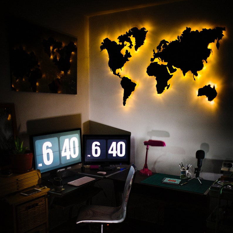 Led World Map Home Design Home Deco Led Wooden Map Led Etsy