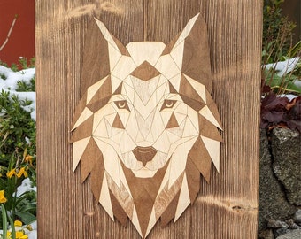 Woodwastl Wanddekoration Wandmotivbild Wolf Geometrisch Wolfskopf Holz Hüttendeko Landhausstil Wolfsdeko