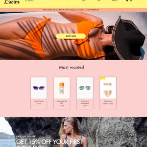 Wix Website Template- Ecommerce Blog- Pink and Yellow Website -Aesthetic Website Design - Summer Theme Website -Swimsuit shop - Wix Shop