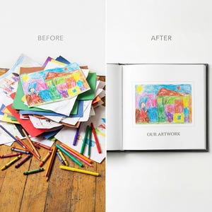 Op de afbeelding: Een voor-en-na-afbeelding van kindertekeningen. Links een stapel kleurrijke tekeningen en kleurpotloden. Rechts een ingelijste tekening in een boek met de tekst "OUR ARTWORK".