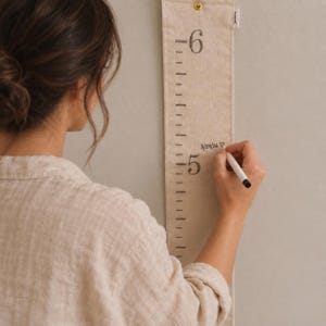 May include: A beige canvas height chart featuring dark grey printed numbers and tick marks for measurements. The chart includes a gold metal grommet at the top for hanging. A hand writes the date 8/24/26 and a small heart in black ink on the fabric.