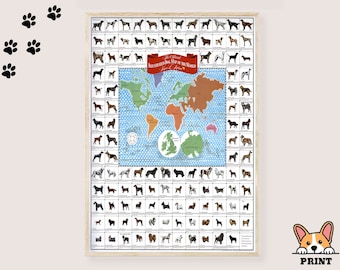 Puede incluir: Un póster enmarcado titulado The Official Illustrated Dog Map of the World que presenta un mapa mundial central colorido rodeado de numerosas ilustraciones pequeñas de varias razas de perros, con huellas de patas negras en la esquina.