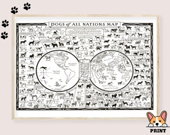 Puede incluir: Una lámina Dogs of All Nations Map en blanco y negro dentro de un marco de madera clara. El mapa presenta dos hemisferios terrestres circulares rodeados por numerosas ilustraciones de varias razas de perros etiquetadas por país.