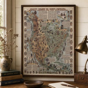 Native American Tribes Map Print, Vintage Indigenous America Poster, Historic US Tribal Nations Wall Art