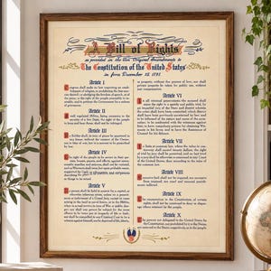 Könnte beinhalten: Ein gerahmter Druck der Bill of Rights, wie sie in den zehn ursprünglichen Zusatzartikeln zur Verfassung der Vereinigten Staaten vom 15. Dezember 1791 festgelegt ist. Das Dokument zeigt schwarzen Text auf cremefarbenem Grund mit roten Initialen.