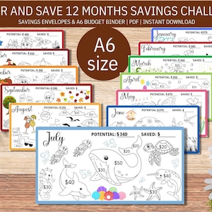 12 month Color & Save A6 SAVINGS CHALLENGE Bundle, A6 Savings Challenge, Fits A6 Budget Binders and A6 Cash Envelopes, Envelope Challenge