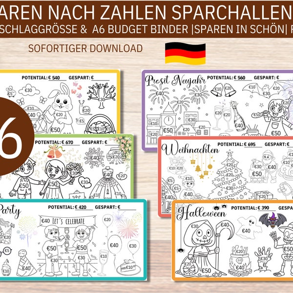 Sparchallenge Sparen nach Zahlen, passend für A6 Cash Binders (passend für Zipperumschläge). Digitaler Download