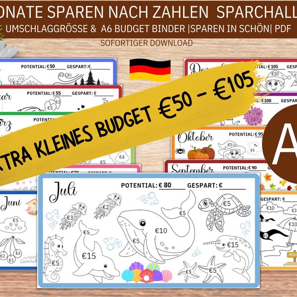 EXTRA KLEINES BUDGET Sparchallenge 12 Monate Sparen nach Zahlen, passend für A6 Cash Binders(passend für Zipperumschläge).Digitaler Download