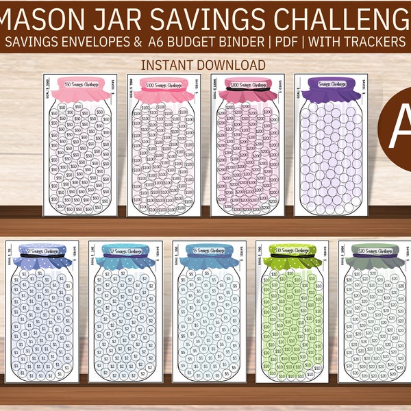 SAVINGS CHALLENGE Mason Jar, A6 Savings Challenge Bundle, Fits A6 Budget Binders and Cash Envelopes, Envelope Challenge