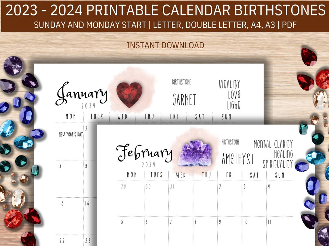 Printable Calendar Birthstones Birthstones Calendar Etsy