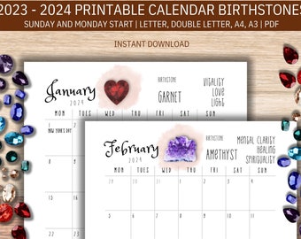 Printable Calendar Birthstones, Birthstones Calendar Printable, 2023 Printable Calendar, 2024 Calendar Printable,2023 2024 Monthly Planner