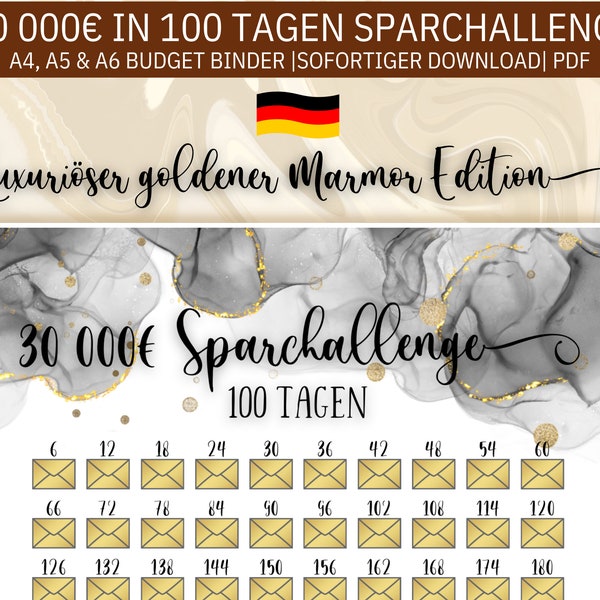 Sparchallenge 30 000 Euro  in 100 Tagen, Format A4, A5, A6 Cash Binders (passend für Zipperumschläge). Digitaler Download. Savings Challenge