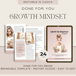 May include: A digital ebook cover with a pink and brown color scheme. The cover features a woman with long brown hair and a white shirt. The text on the cover reads "Growth Mindset Report" and "The key to success in all areas of life".