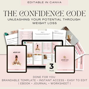May include: A digital product bundle for weight loss, featuring an ebook, journal, and worksheet. The cover image shows a woman sitting at a desk with a laptop and a journal. The text on the cover reads "The Confidence Code: Unleashing Your Potential Through Weight Loss".