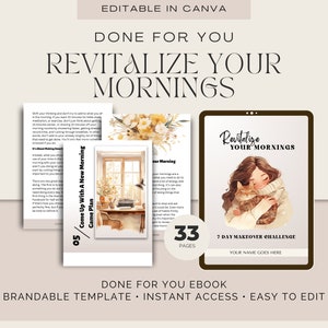 Puede incluir: Una portada de ebook digital con fondo marrón y un desafío de 7 días para revitalizar tus mañanas. La portada presenta una ilustración de dibujos animados de una mujer sosteniendo un gato. El texto "Revitaliza tus mañanas" está en blanco con un contorno marrón. El ebook tiene 33 páginas.