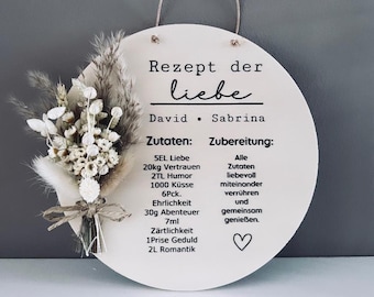 Holzscheibe mit Trockenblumen | Rezept der Liebe | Hochzeitstag | Jahrestag | Geschenk zur Hochzeit | Geburtstag | Verlobung | Valentinstag