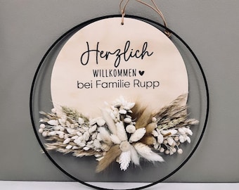 Couronne de porte avec fleurs séchées | Bienvenue NOUVEAU | personnalisable | Décoration de porte | Cadeau de mariage | mariage | anniversaire | Fête des mères