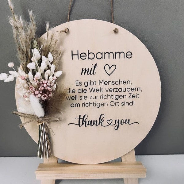 Holzscheibe | beste Hebamme | Danke für Alles | Hebamme mit Herz | Geburt | Geschenk für Hebamme | Trockenblumen