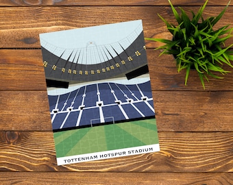 May include: A blue and white illustration of the Tottenham Hotspur Stadium, a modern football stadium in London, England. The image shows the stadium's exterior and interior, including the pitch and seating.