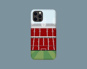 May include: A phone case with a red and white stadium design. The case features a green field with a white goal line and a blue sky.