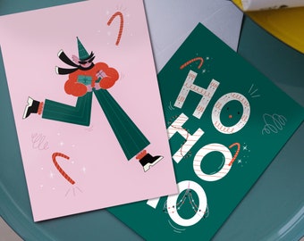 Duo of Christmas cards with magical elf illustration