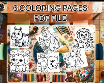 May include: Six black and white coloring pages featuring animal illustrations. The pages are laid out on a wooden table with colorful crayons and a paint palette. The text "6 COLORING PAGES PDF FILE" is at the top of the image.
