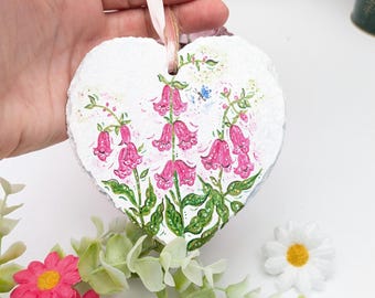 Foxglove hand-painted slate heart ornament, Foxglove personalised gift for her