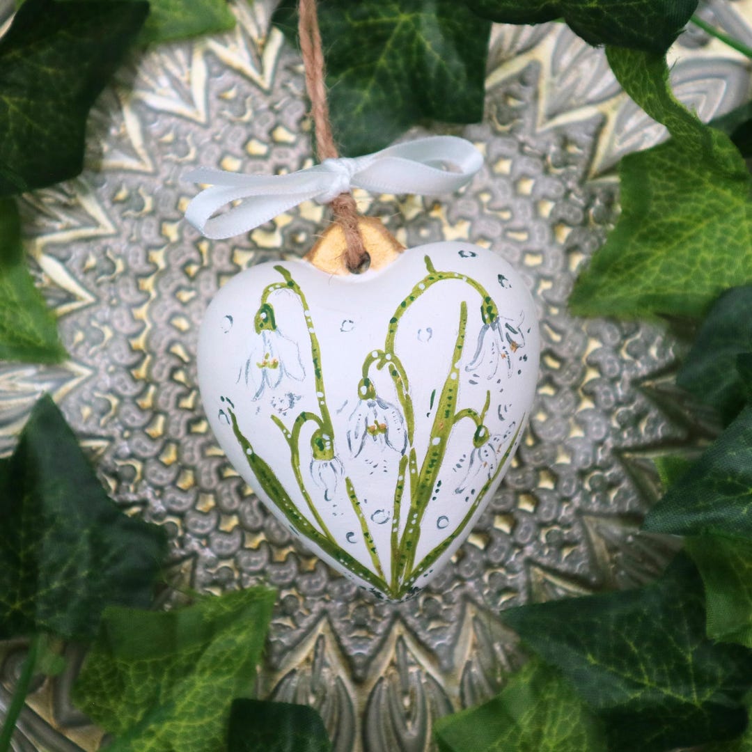 Snowdrop Handpainted Christmas Ceramic Heart Bauble, Snowdrop Xmas