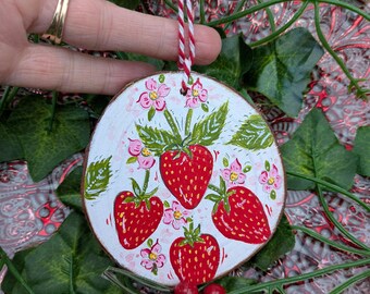 Hand-Painted Strawberry Wood Slice decoration, Strawberry decor