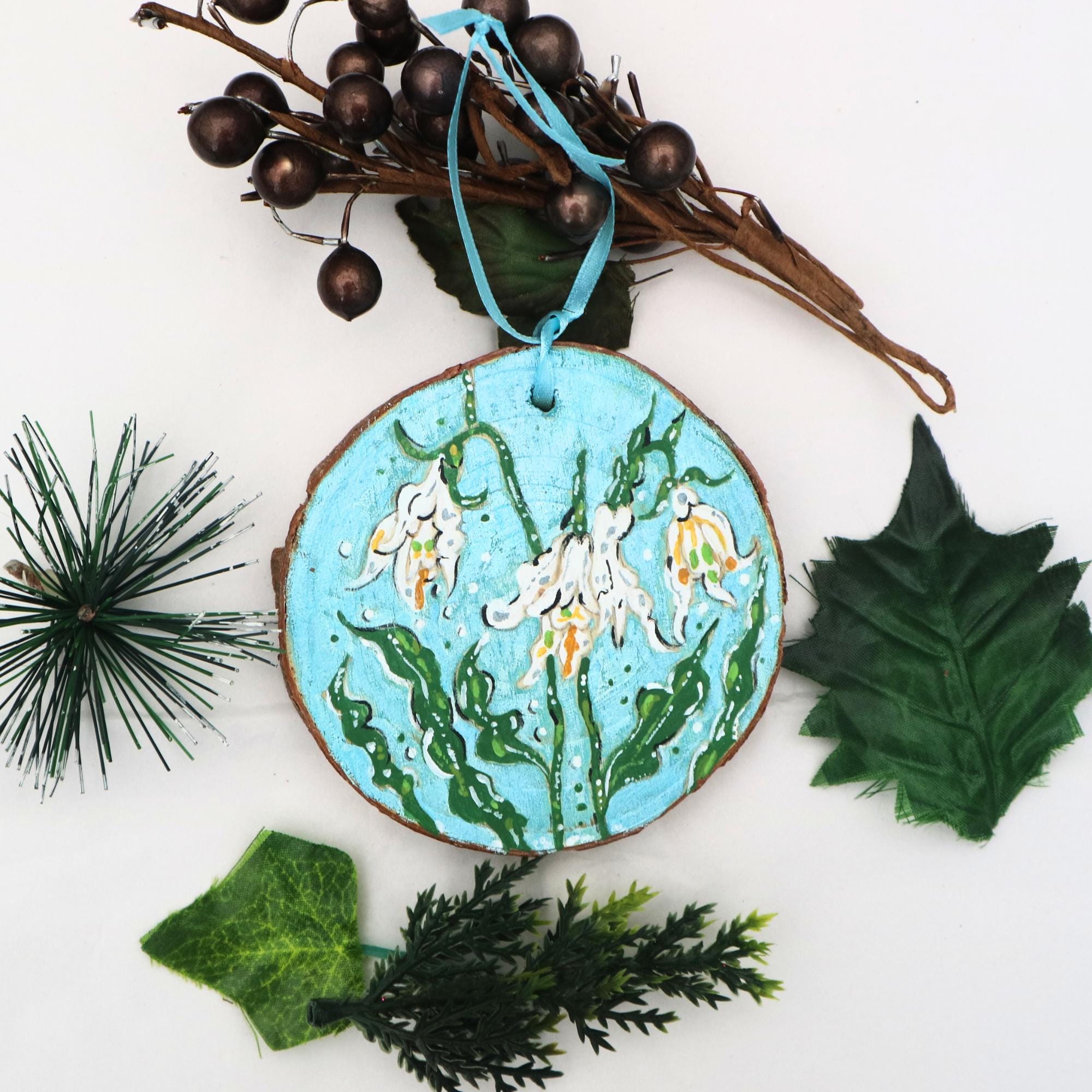 Hand-Painted Snowdrop Wood Slice Ornament: January Birth Flower Gift